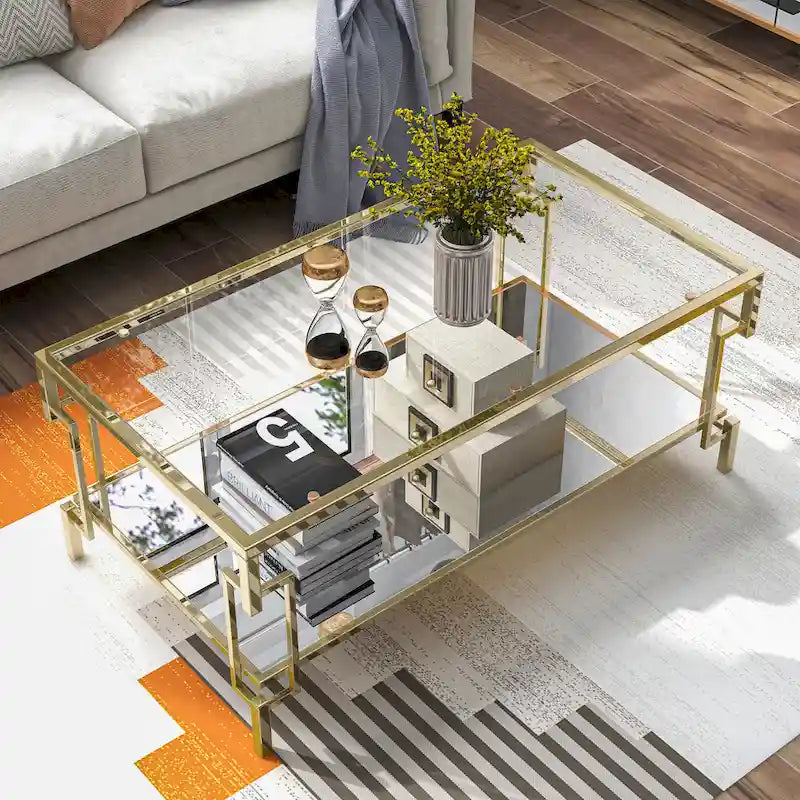 Table basse Art Déco en verre trempé couleur champagne avec étagère inférieure miroir