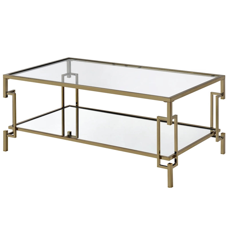 Table basse Art Déco en verre trempé couleur champagne avec étagère inférieure miroir