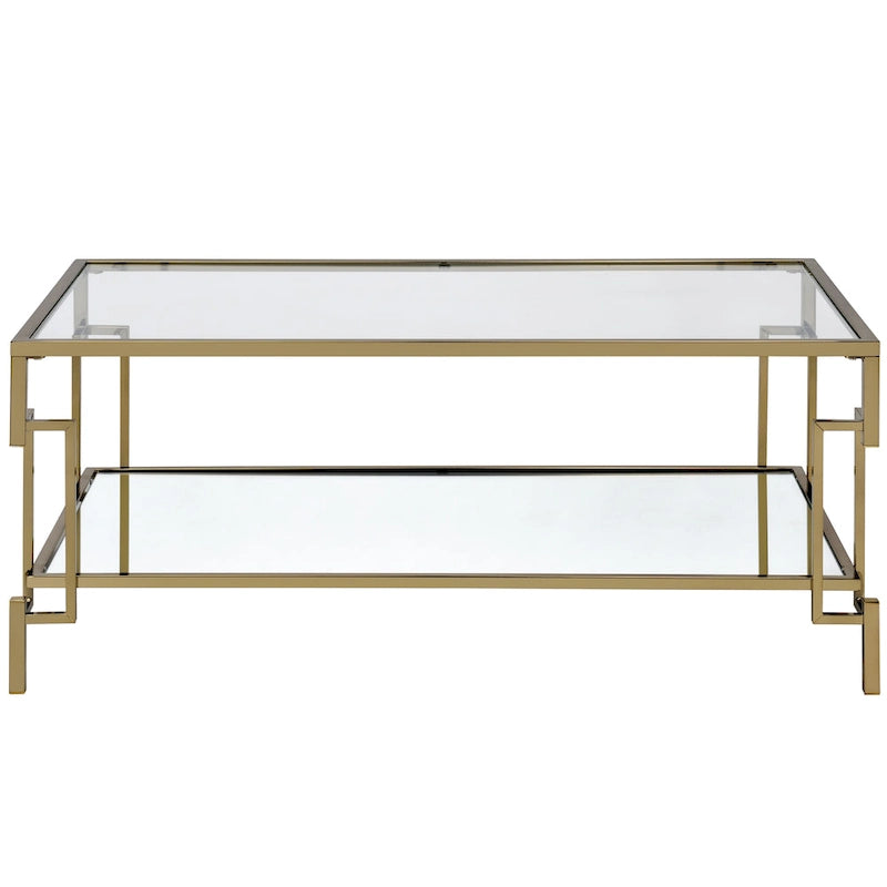 Table basse Art Déco en verre trempé couleur champagne avec étagère inférieure miroir