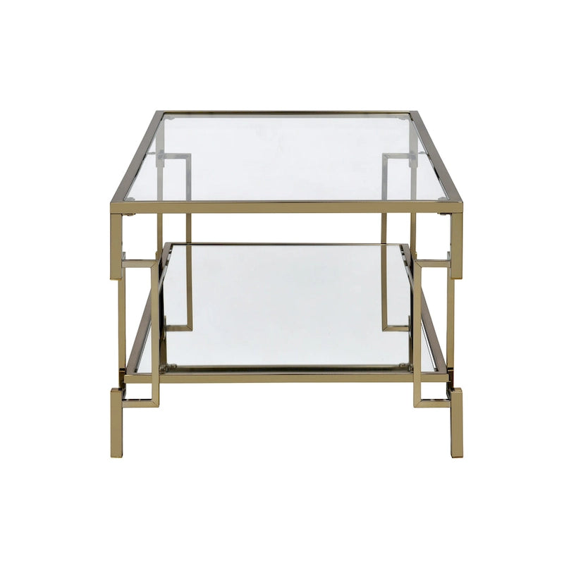 Table basse Art Déco en verre trempé couleur champagne avec étagère inférieure miroir
