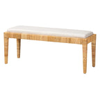 Banc rembourré bohème en rotin blanc et marron naturel et bois d'acajou avec pieds fuselés - Usage unique