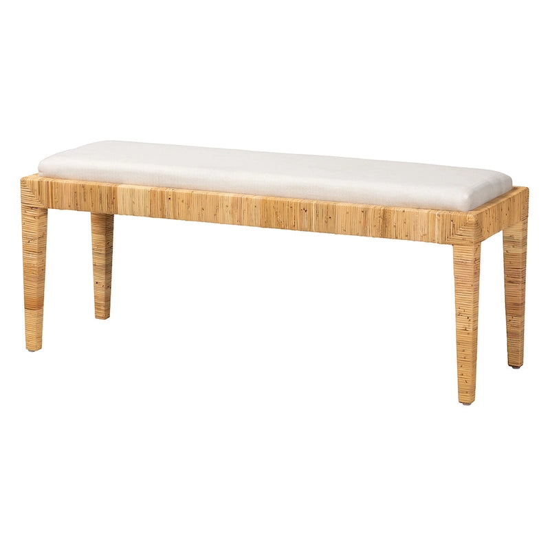 Banc rembourré bohème en rotin blanc et marron naturel et bois d'acajou avec pieds fuselés - Usage unique
