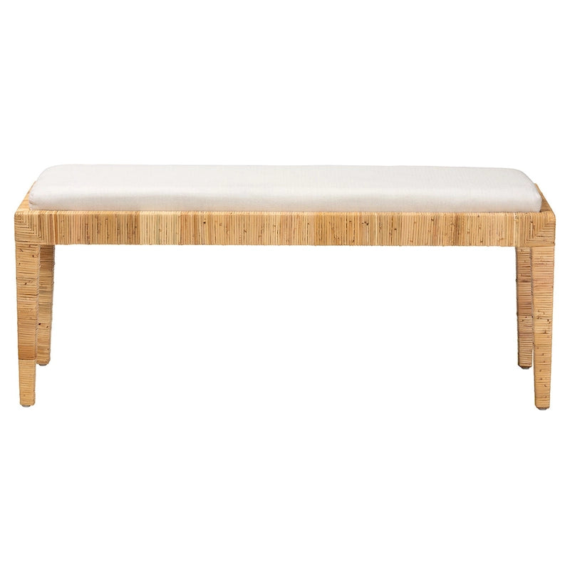 Banc rembourré bohème en rotin blanc et marron naturel et bois d'acajou avec pieds fuselés - Usage unique