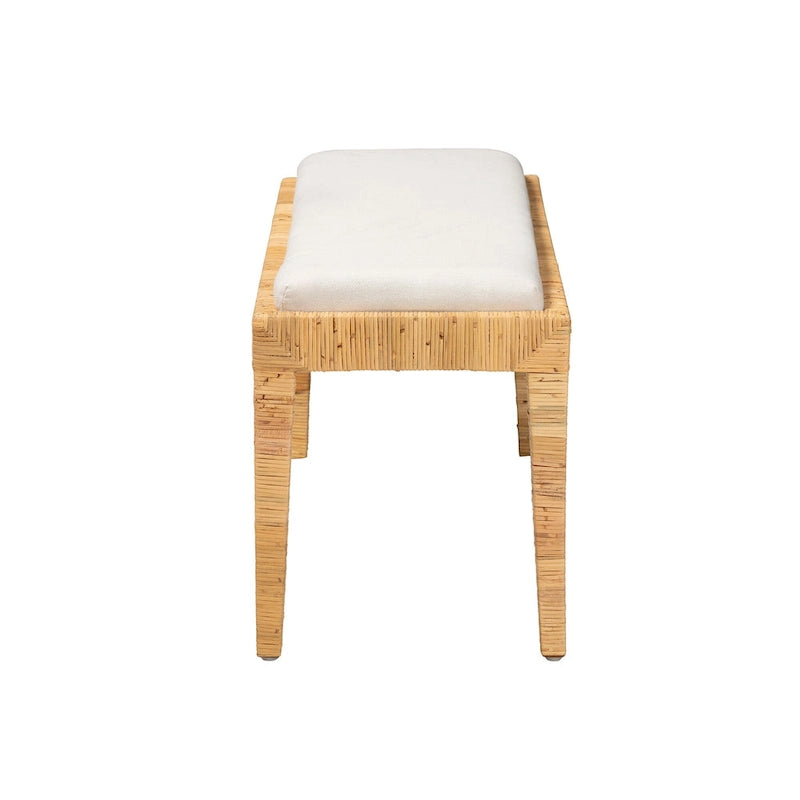 Banc rembourré bohème en rotin blanc et marron naturel et bois d'acajou avec pieds fuselés - Usage unique