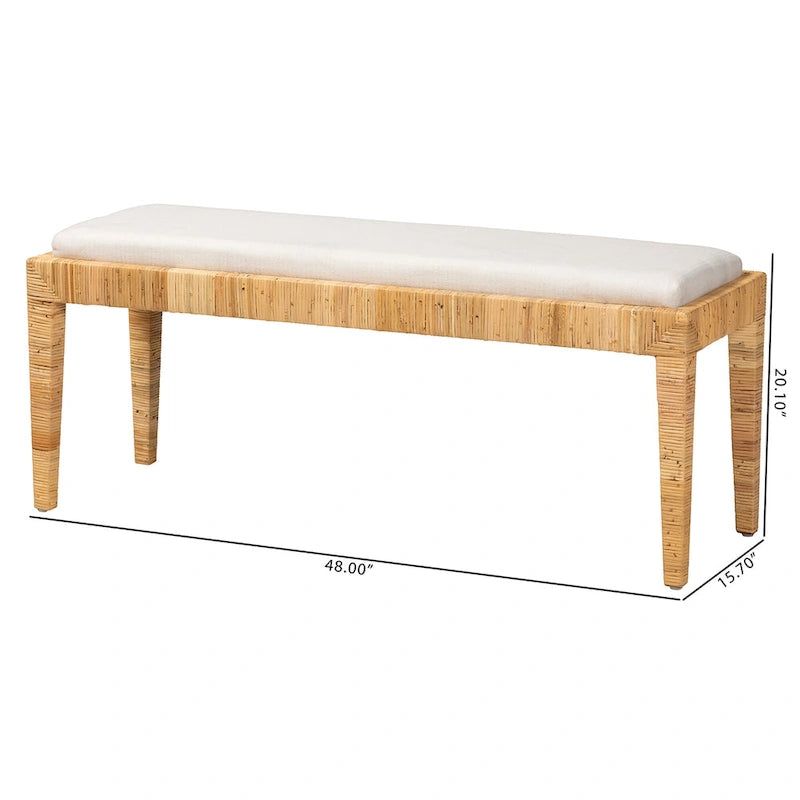 Banc rembourré bohème en rotin blanc et marron naturel et bois d'acajou avec pieds fuselés - Usage unique