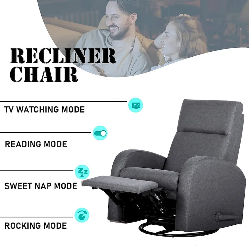 Fauteuil inclinable planeur manuel gris avec mouvement à 360° et repose-pieds rembourré - Utilisation individuelle
