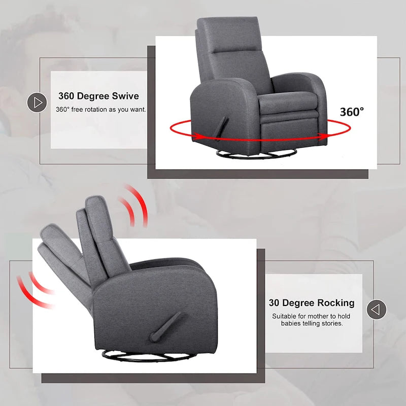 Fauteuil inclinable planeur manuel gris avec mouvement à 360° et repose-pieds rembourré - Utilisation individuelle