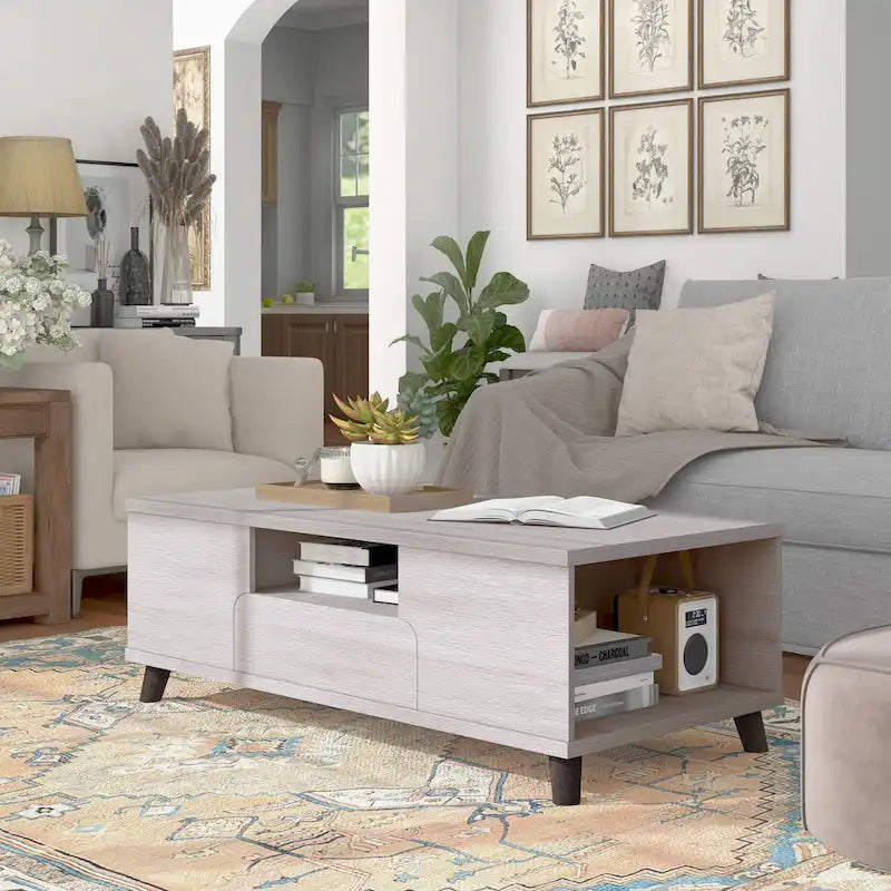 Table basse moderne du milieu du siècle en chêne blanc avec 3 étagères ouvertes et 1 tiroir - Usage unique