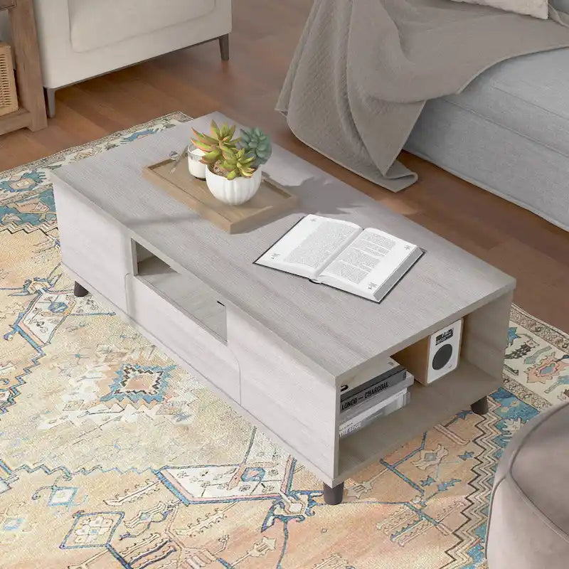 Table basse moderne du milieu du siècle en chêne blanc avec 3 étagères ouvertes et 1 tiroir - Usage unique