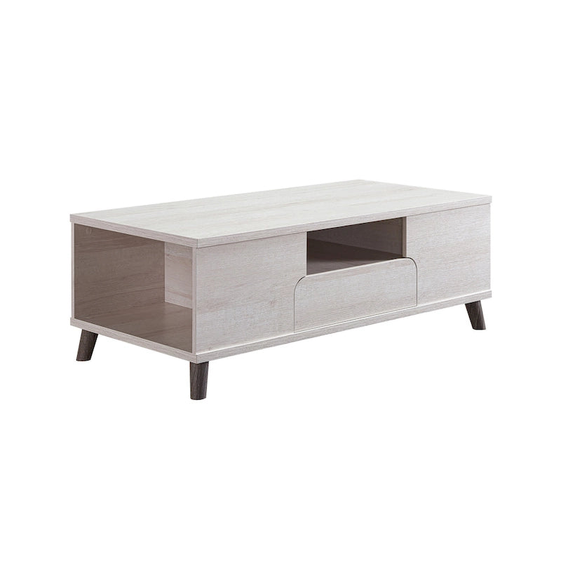 Table basse moderne du milieu du siècle en chêne blanc avec 3 étagères ouvertes et 1 tiroir - Usage unique