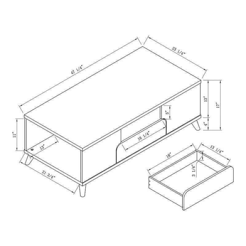 Table basse moderne du milieu du siècle en chêne blanc avec 3 étagères ouvertes et 1 tiroir - Usage unique