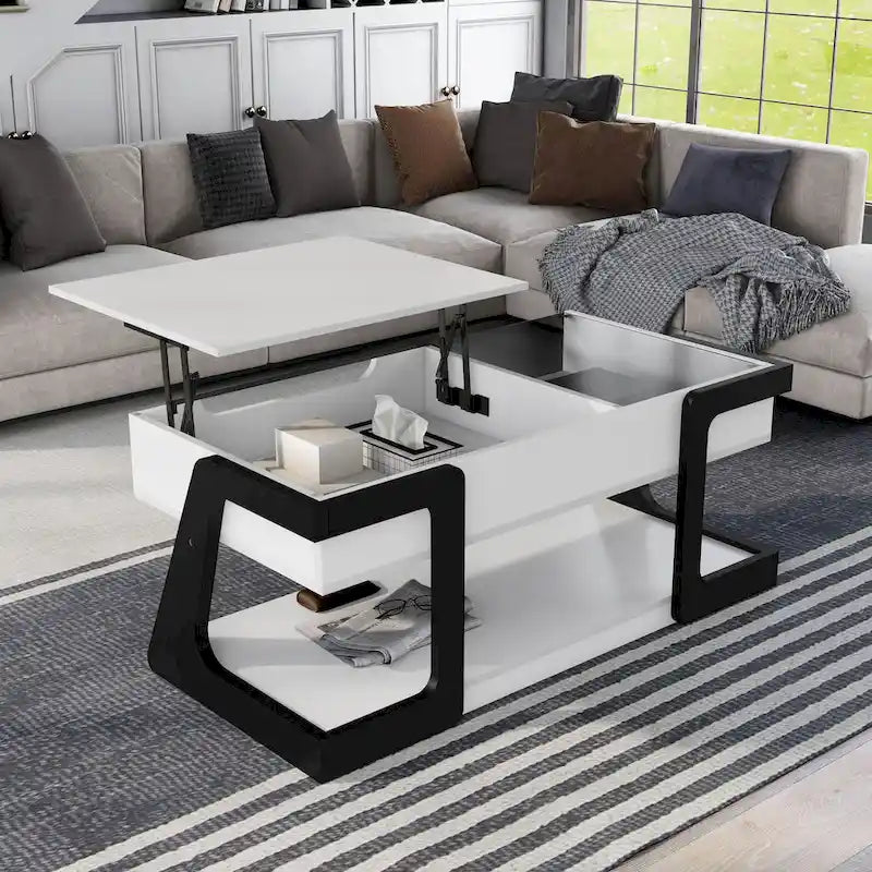 Table basse relevable contemporaine blanche et noire avec étagère inférieure - Usage unique