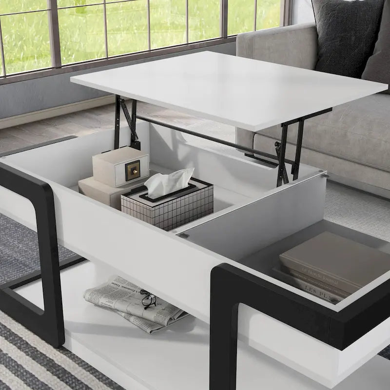 Table basse relevable contemporaine blanche et noire avec étagère inférieure - Usage unique