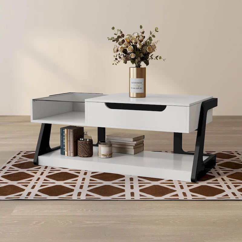 Table basse relevable contemporaine blanche et noire avec étagère inférieure - Usage unique