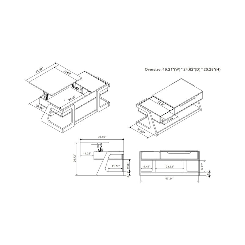 Table basse relevable contemporaine blanche et noire avec étagère inférieure - Usage unique