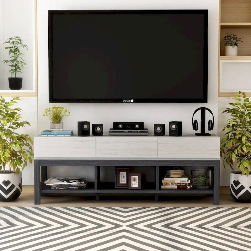 Meuble TV moderne 152 cm en chêne blanc et gris vieilli avec 3 tiroirs et 3 étagères ouvertes - Usage unique