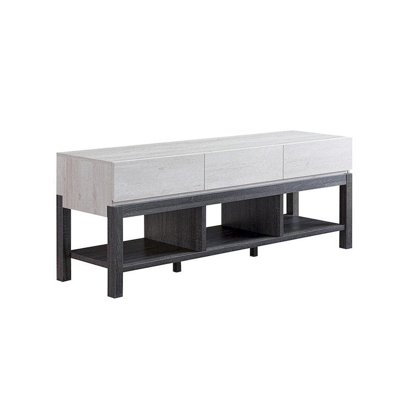 Meuble TV moderne 152 cm en chêne blanc et gris vieilli avec 3 tiroirs et 3 étagères ouvertes - Usage unique