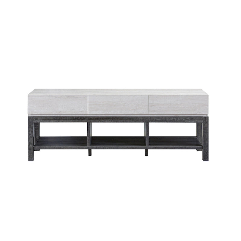 Meuble TV moderne 152 cm en chêne blanc et gris vieilli avec 3 tiroirs et 3 étagères ouvertes - Usage unique