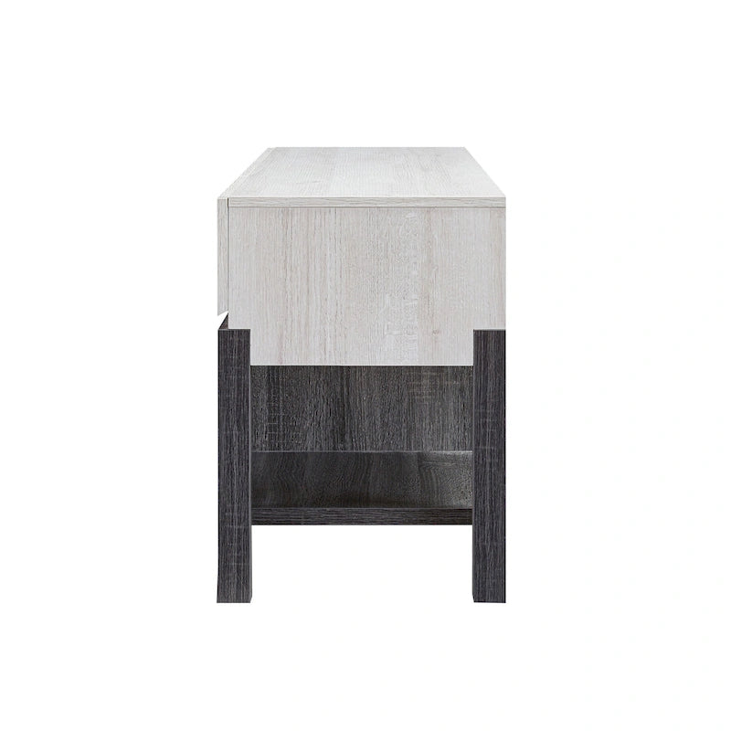 Meuble TV moderne 152 cm en chêne blanc et gris vieilli avec 3 tiroirs et 3 étagères ouvertes - Usage unique