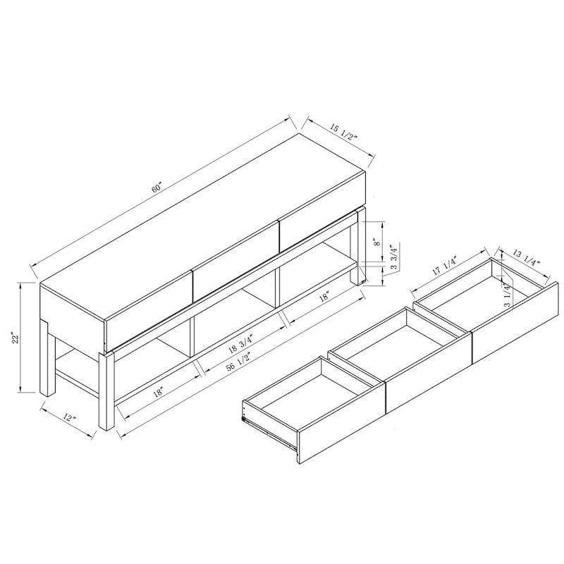 Meuble TV moderne 152 cm en chêne blanc et gris vieilli avec 3 tiroirs et 3 étagères ouvertes - Usage unique