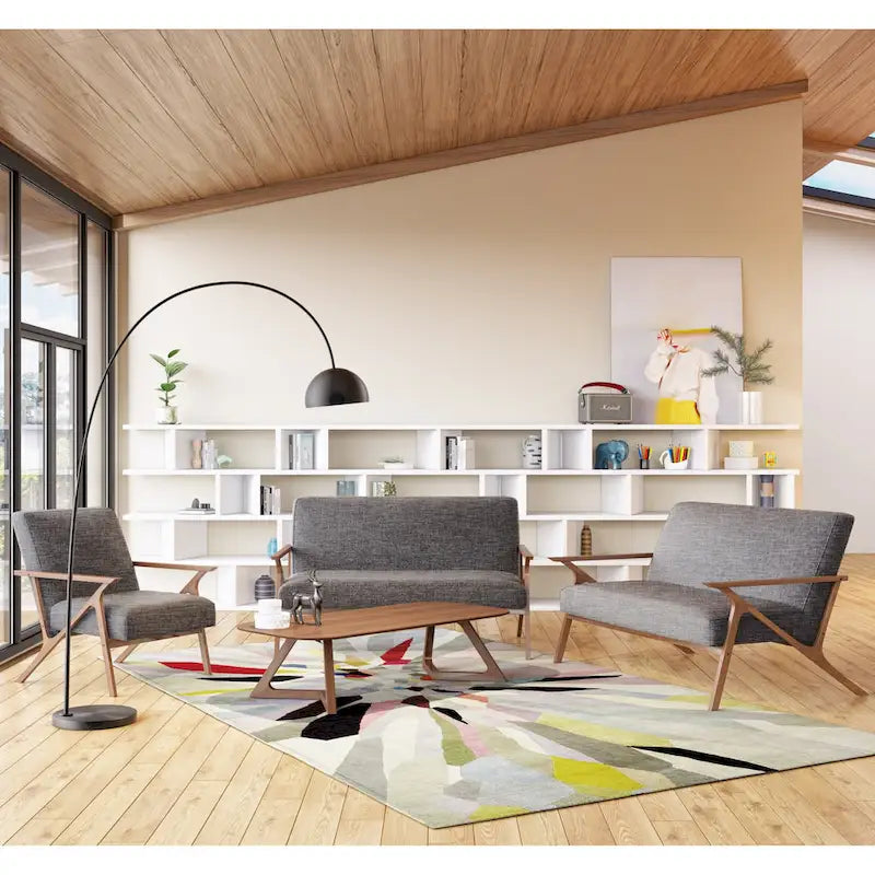 Fauteuil d'appoint gris en placage de noyer du milieu du siècle avec accoudoirs carrés et coussins en mousse - Usage unique