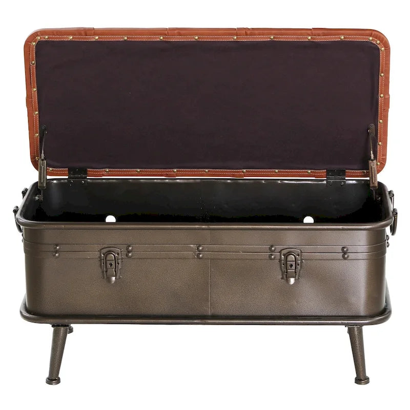 Banc de rangement en similicuir touffeté marron clair et métal vieilli - Usage unique