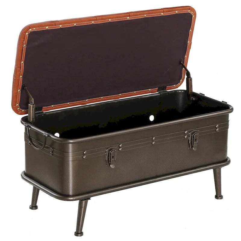 Banc de rangement en similicuir touffeté marron clair et métal vieilli - Usage unique