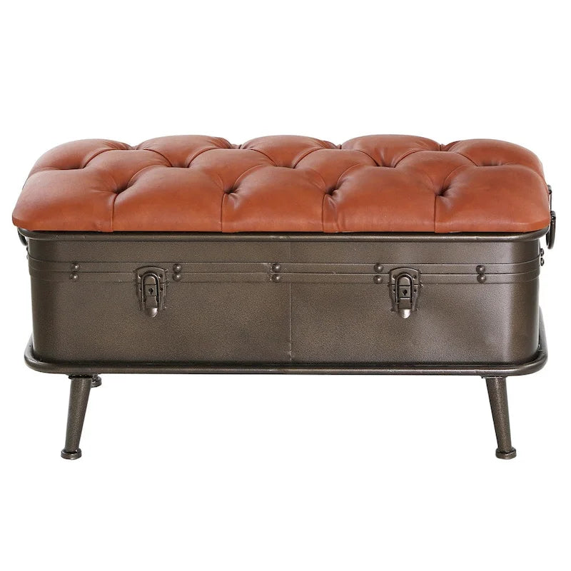 Banc de rangement en similicuir touffeté marron clair et métal vieilli - Usage unique