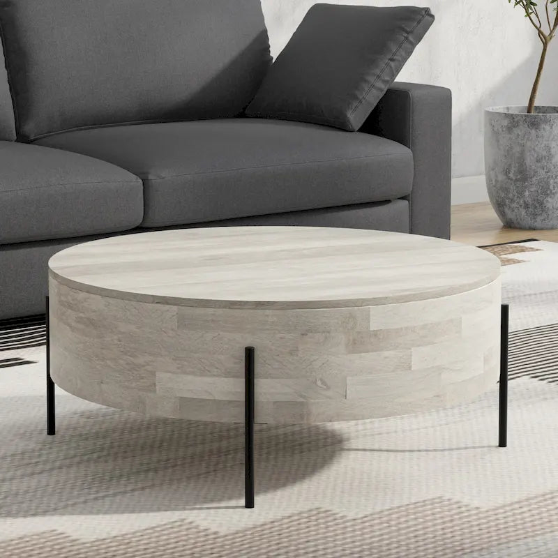Table basse tambour ronde en manguier massif, coloris blanc vieilli/noyer/naturel, avec pieds en métal noir - Usage unique