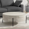 Table basse tambour ronde en manguier massif, coloris blanc vieilli/noyer/naturel, avec pieds en métal noir - Usage unique