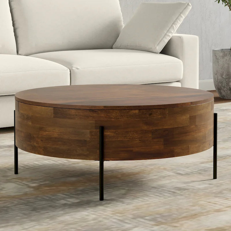 Table basse tambour ronde en manguier massif, coloris blanc vieilli/noyer/naturel, avec pieds en métal noir - Usage unique