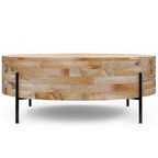 Table basse tambour ronde en manguier massif, coloris blanc vieilli/noyer/naturel, avec pieds en métal noir - Usage unique