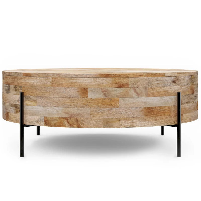 Table basse tambour ronde en manguier massif, coloris blanc vieilli/noyer/naturel, avec pieds en métal noir - Usage unique