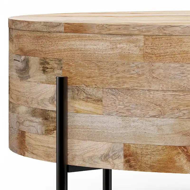 Table basse tambour ronde en manguier massif, coloris blanc vieilli/noyer/naturel, avec pieds en métal noir - Usage unique