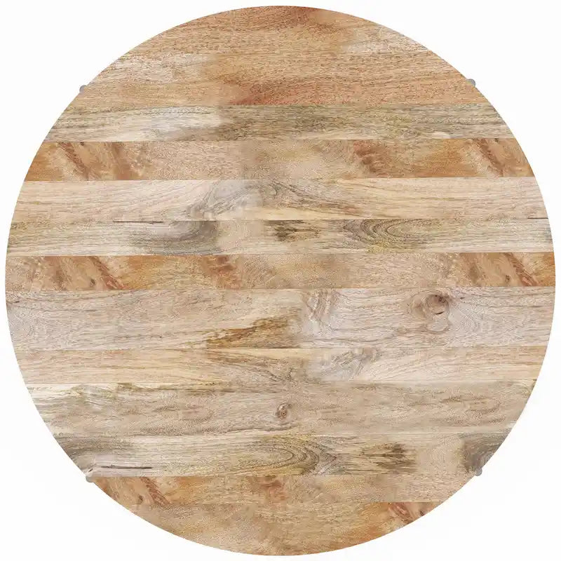 Table basse tambour ronde en manguier massif, coloris blanc vieilli/noyer/naturel, avec pieds en métal noir - Usage unique