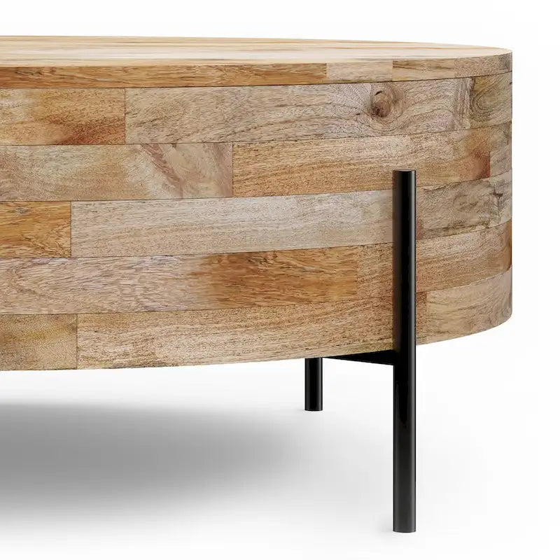 Table basse tambour ronde en manguier massif, coloris blanc vieilli/noyer/naturel, avec pieds en métal noir - Usage unique