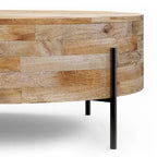 Table basse tambour ronde en manguier massif, coloris blanc vieilli/noyer/naturel, avec pieds en métal noir - Usage unique