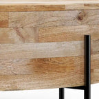 Table basse tambour ronde en manguier massif, coloris blanc vieilli/noyer/naturel, avec pieds en métal noir - Usage unique