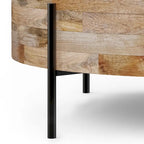 Table basse tambour ronde en manguier massif, coloris blanc vieilli/noyer/naturel, avec pieds en métal noir - Usage unique