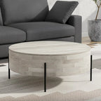 Table basse tambour ronde en manguier massif, coloris blanc vieilli/noyer/naturel, avec pieds en métal noir - Usage unique