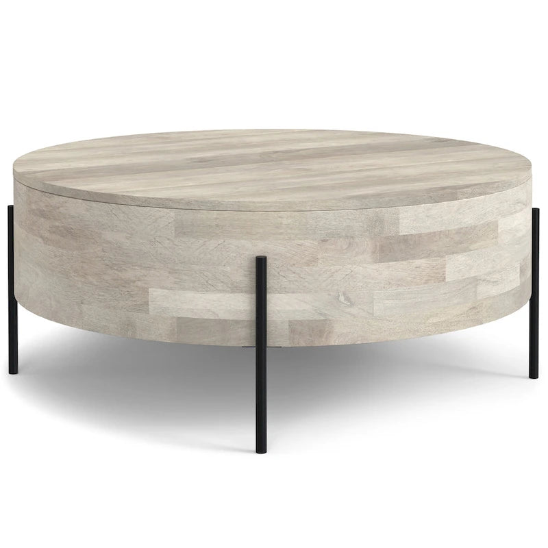 Table basse tambour ronde en manguier massif, coloris blanc vieilli/noyer/naturel, avec pieds en métal noir - Usage unique