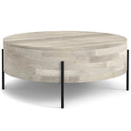 Table basse tambour ronde en manguier massif, coloris blanc vieilli/noyer/naturel, avec pieds en métal noir - Usage unique