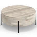 Table basse tambour ronde en manguier massif, coloris blanc vieilli/noyer/naturel, avec pieds en métal noir - Usage unique