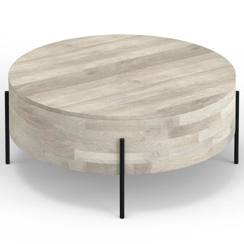 Table basse tambour ronde en manguier massif, coloris blanc vieilli/noyer/naturel, avec pieds en métal noir - Usage unique