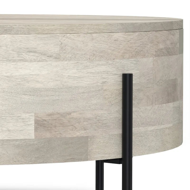 Table basse tambour ronde en manguier massif, coloris blanc vieilli/noyer/naturel, avec pieds en métal noir - Usage unique
