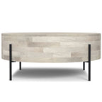 Table basse tambour ronde en manguier massif, coloris blanc vieilli/noyer/naturel, avec pieds en métal noir - Usage unique