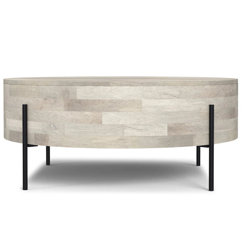 Table basse tambour ronde en manguier massif, coloris blanc vieilli/noyer/naturel, avec pieds en métal noir - Usage unique