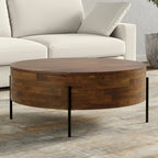 Table basse tambour ronde en manguier massif, coloris blanc vieilli/noyer/naturel, avec pieds en métal noir - Usage unique
