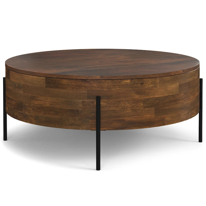 Table basse tambour ronde en manguier massif, coloris blanc vieilli/noyer/naturel, avec pieds en métal noir - Usage unique