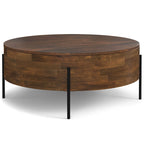 Table basse tambour ronde en manguier massif, coloris blanc vieilli/noyer/naturel, avec pieds en métal noir - Usage unique